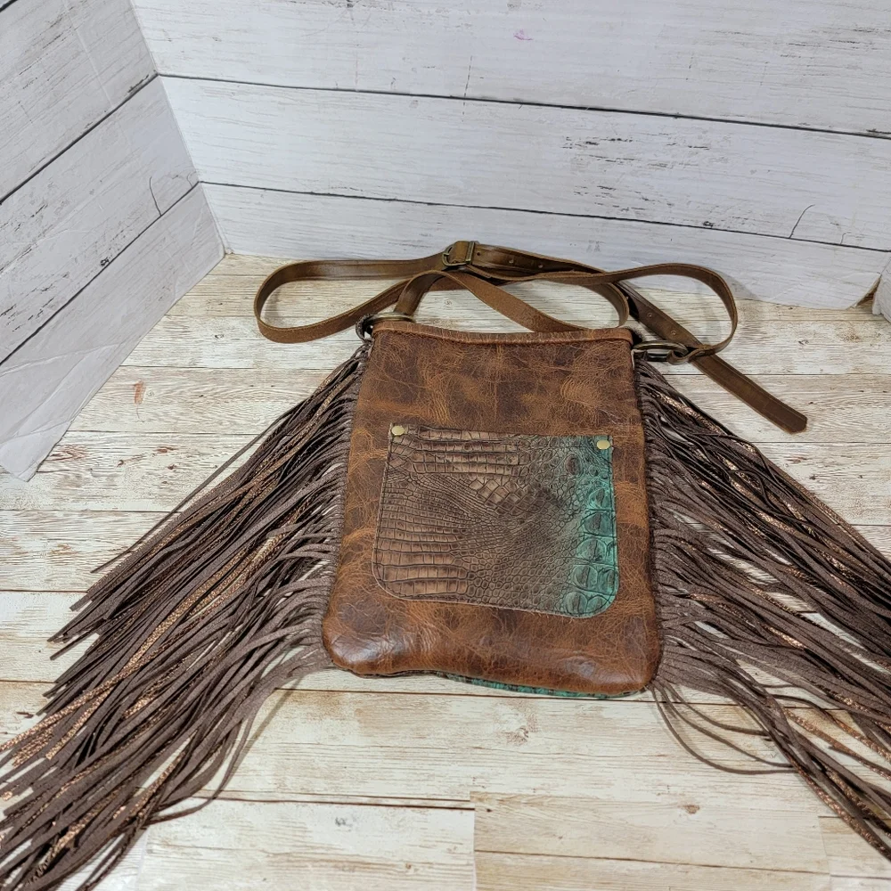 Brown Fringe Crossbody Bag with Croc-Embossed Accent *READ*